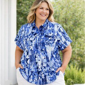 CJ Banks Womens 3X Linen Rayon Floral Button Up Shirt Blue White Plus Size Top